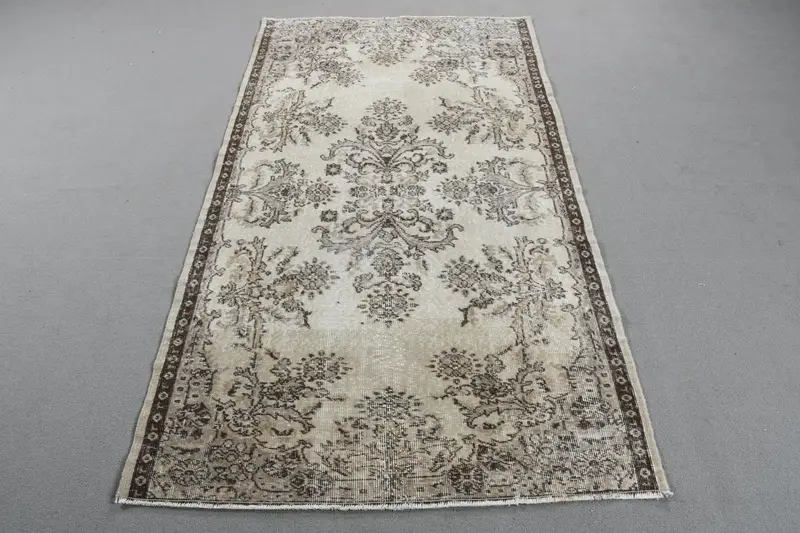 Türk 3.8x6.8 ft Halı, Alan Vintage Halı, Gri Bitkiler ve ağaçlar Yün Halı - 1