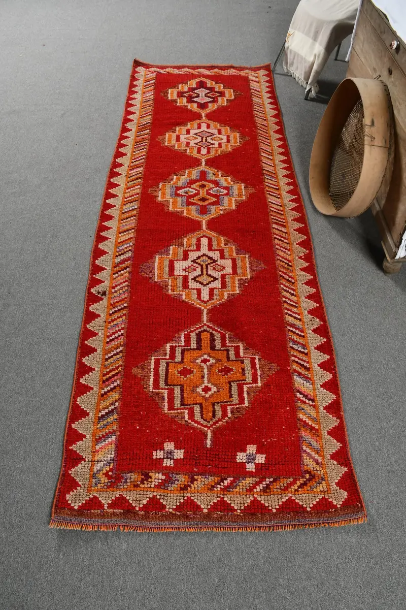 Türkischer 2,9x9,2 ft Teppich, Herki Vintage Teppich, rot gepunkteter Teppich aus Wolle - 1