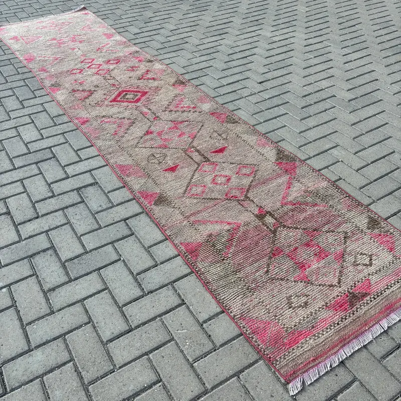 2,8x12,3 ft Teppich, türkischer Vintage Teppich, rosa Herki Wollteppich - 1