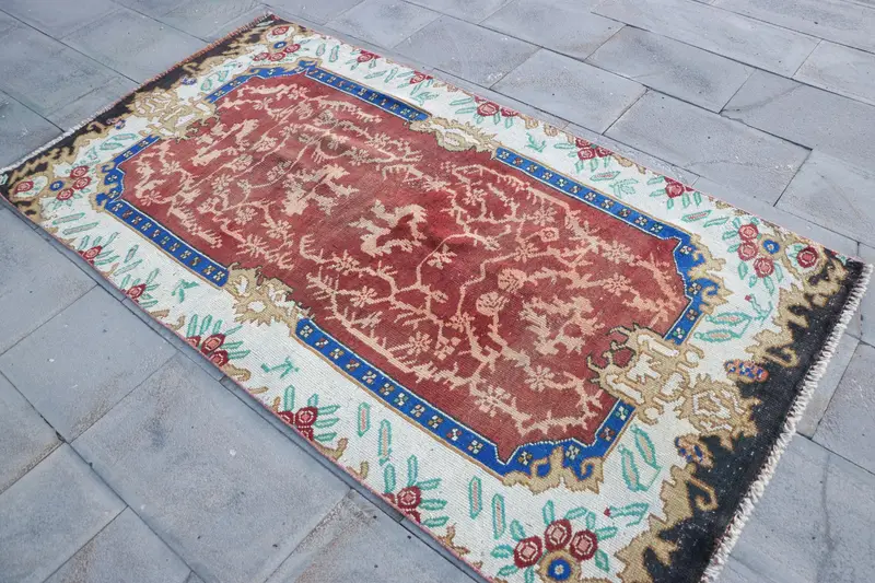 3.7x7.1 ft Turkish Oushak Rug, Red Moroccan Vintage Wool Rug - 1