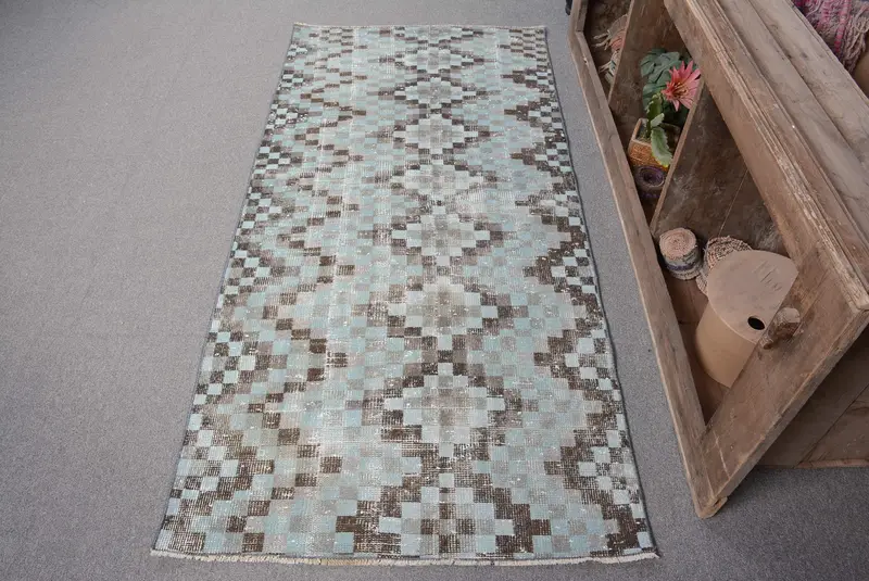 Alfombra de patchwork azul y marrón, decoración elegante de 3x6 pies