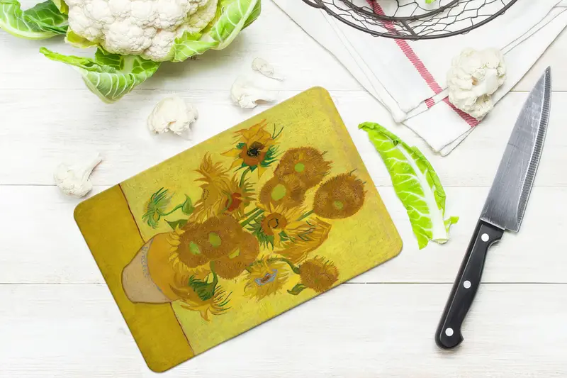 イエローフラワーガラスカッティングボード、ゴッホにインスパイアされたデザイン
