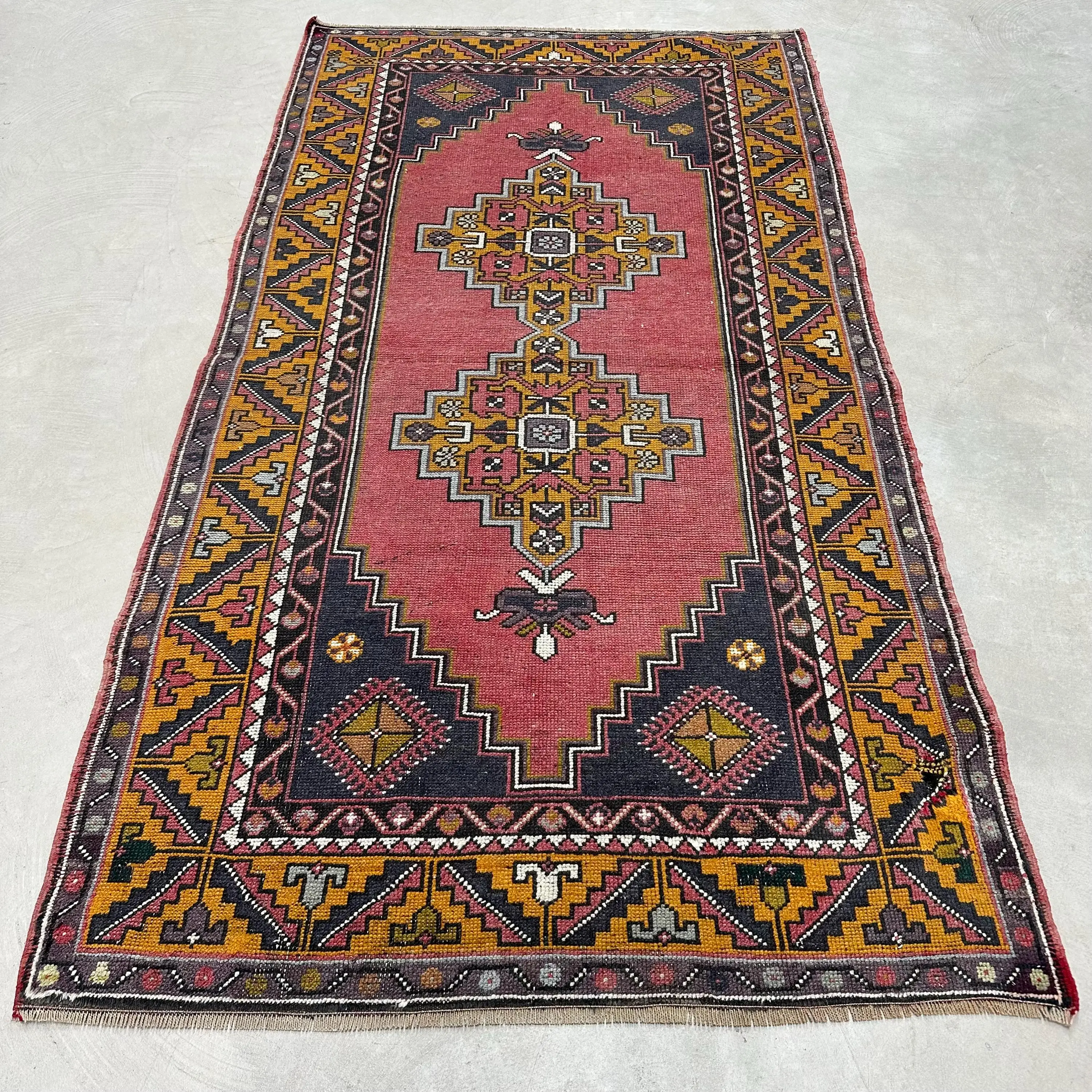 4x7.5 ft Turkish Vintage Rug, Area Rug, Red Blue Ikat Wool Rug - 1