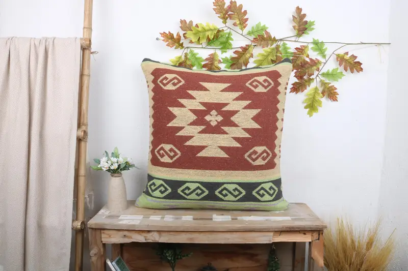 Turkish Kilim Pillow, Neutral Throw Cushion, 24x24 Red Pillow Cover, Handmade Kilim Cushion, Kilim Pillow, Bolster Pillow Case, Pillow Cover - 1