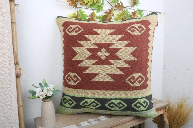 Turkish Kilim Pillow, Neutral Throw Cushion, 24x24 Red Pillow Cover, Handmade Kilim Cushion, Kilim Pillow, Bolster Pillow Case, Pillow Cover - 4
