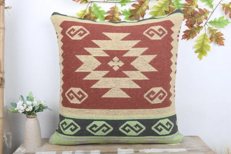 Turkish Kilim Pillow, Neutral Throw Cushion, 24x24 Red Pillow Cover, Handmade Kilim Cushion, Kilim Pillow, Bolster Pillow Case, Pillow Cover - 2