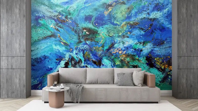 Zarif Baskılı Duvar Kağıdı: Yeşil Mermer, Altın Pırıltılı, Mavi Vurgular