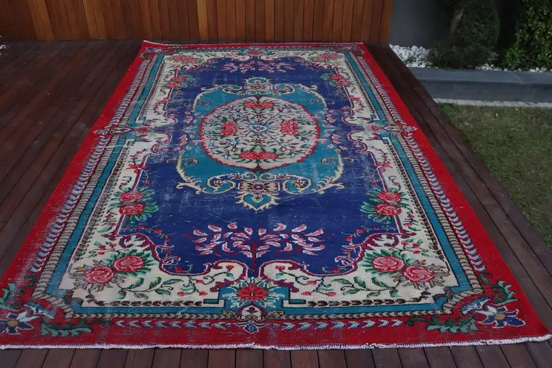 7x11 ft Oversize Türk Halısı, Kırmızı Çiçekli Vintage Halı - 1