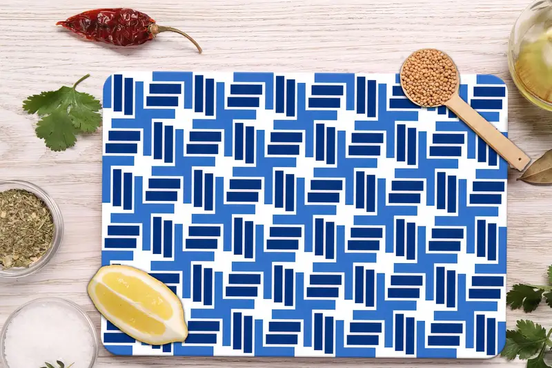 Geometrik Desenli Cam Kesme Tahtası, Mavi & Beyaz Lüks Tasarım