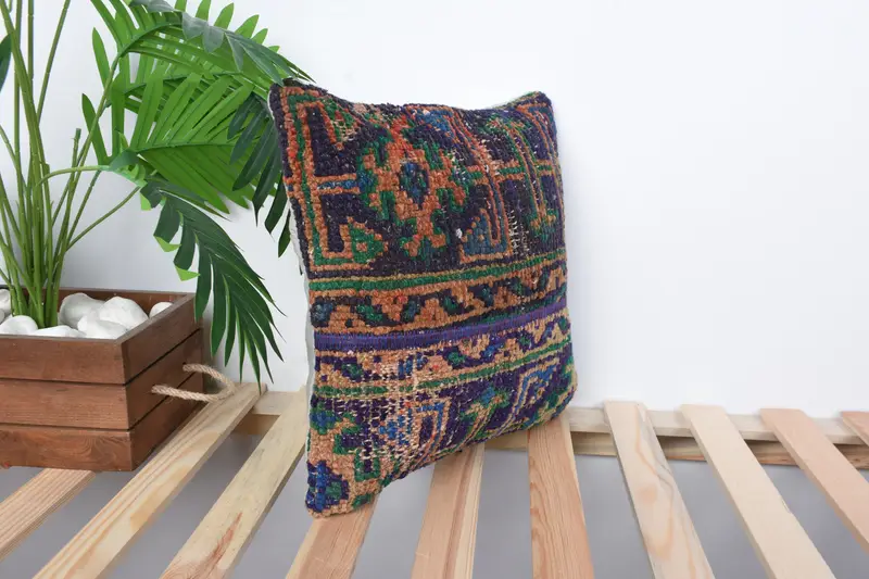 Boho Pillow, Ottoman Pillow Cover, 14x14 Blue Pillow Sham, Pillow Cover, Pillow for Couch, Vintage Kilim Pillow, Christmas Pillow Cover - 5