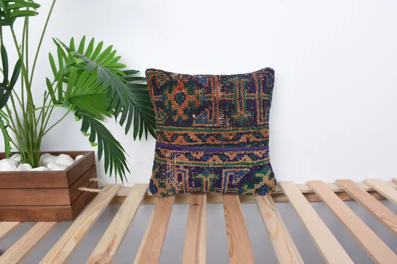 Boho Pillow, Ottoman Pillow Cover, 14x14 Blue Pillow Sham, Pillow Cover, Pillow for Couch, Vintage Kilim Pillow, Christmas Pillow Cover - 1