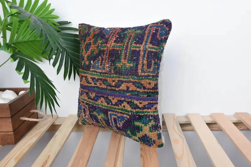 Boho Pillow, Ottoman Pillow Cover, 14x14 Blue Pillow Sham, Pillow Cover, Pillow for Couch, Vintage Kilim Pillow, Christmas Pillow Cover - 4