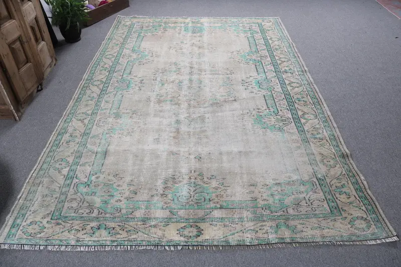 Vintage Türk Oushak Halısı 6.2x9.3 ft, Mavi Büyük Kamuflaj Yün Halı - 1