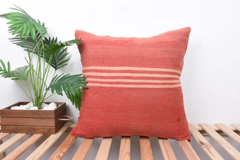 Ethnical Kilim Rug Pillow, Bolster Pillow Case, Cushion Case, 24x24 Red Pillow Case, Kilim Pillow Cover, Turkish Kilim Pillow - 1