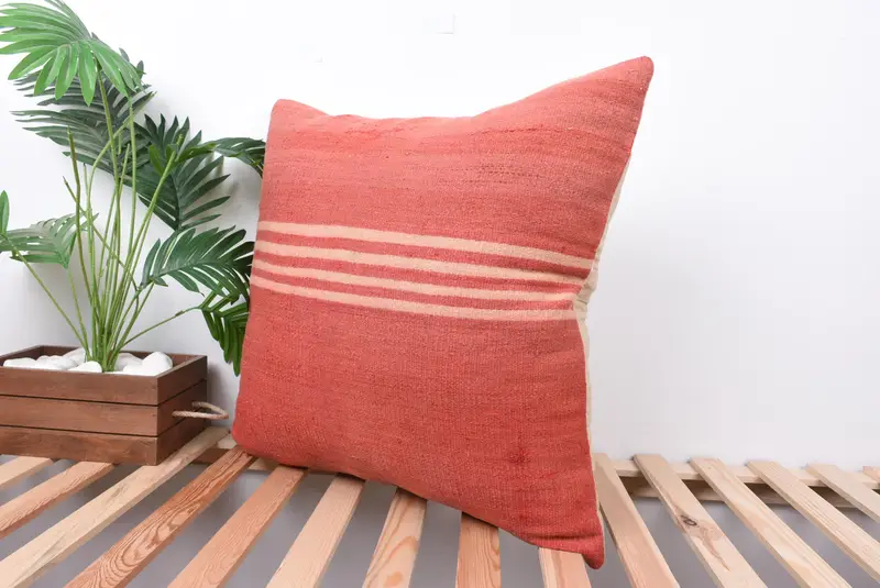 Ethnical Kilim Rug Pillow, Bolster Pillow Case, Cushion Case, 24x24 Red Pillow Case, Kilim Pillow Cover, Turkish Kilim Pillow - 5