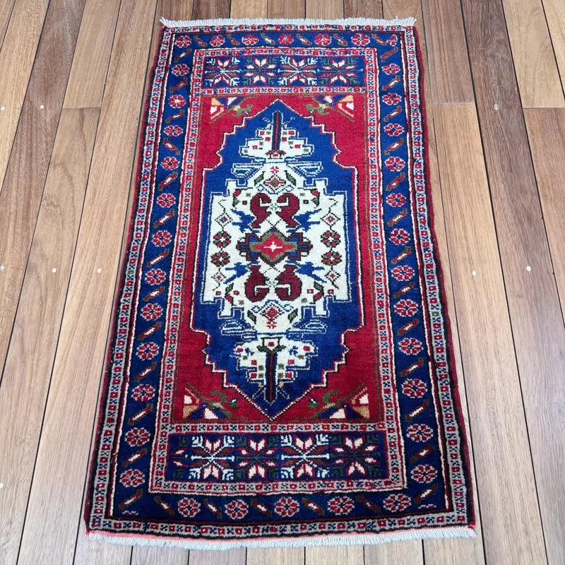 Turkish Vintage Small Rug 2x3.6 ft (61x110 cm), Red Moroccan Oushak Rug - 1