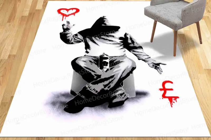 Modern Banksy Love Money Printed Rug: Contemporary Street Art Design