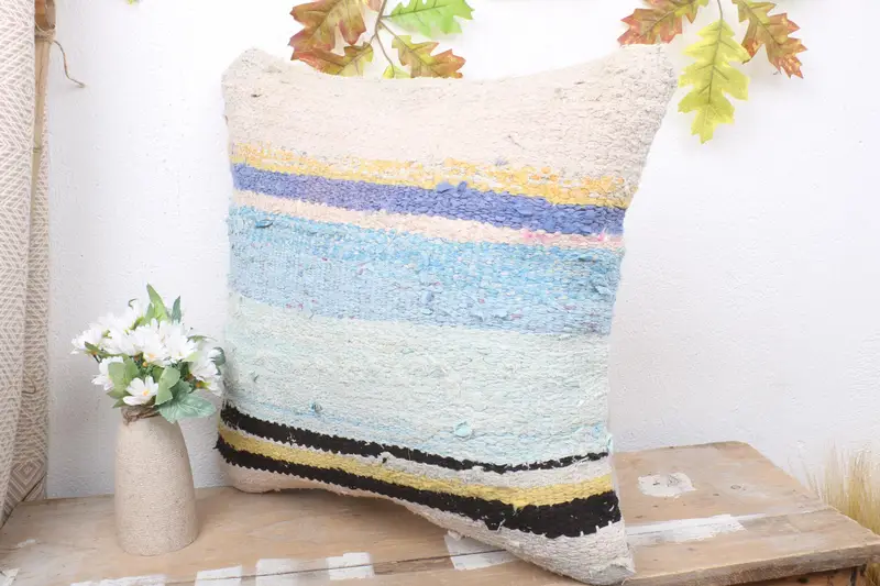 Pillow for Couch, Sofa Pillow Sham, Pillow Cover, 18x18 Blue Cushion Case, Bright Pillow Sham, Boho Pillow, Vintage Kilim Pillow - 4