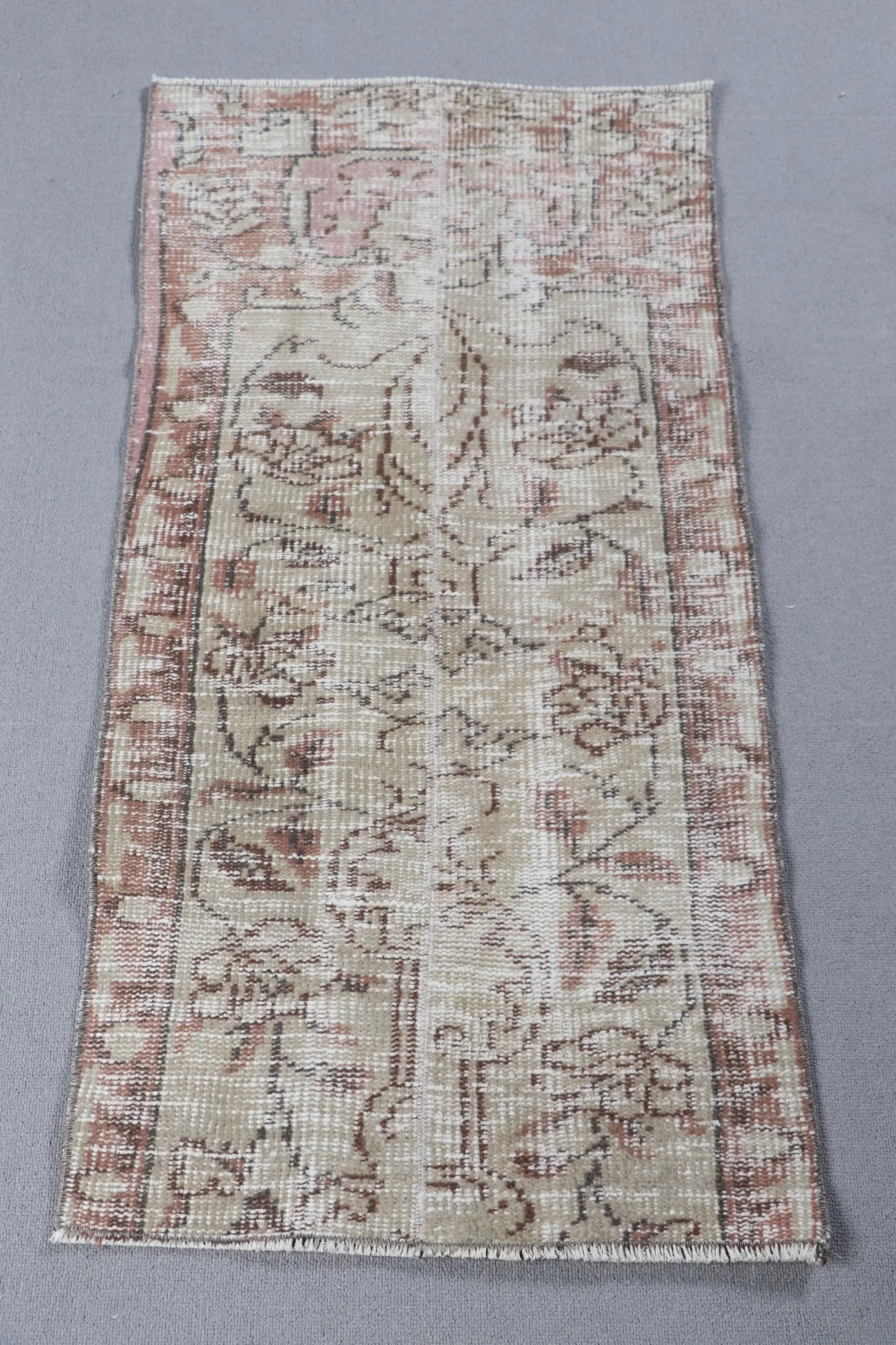 Vintage Turkish Rug 1.8x3.8 ft, Brown Camouflage Wool Rug - 1