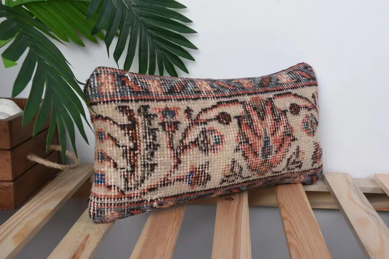 Bohemian Cushion Pillow, Turkish Kilim Pillow, Kilim Pillow, Vintage Kilim Pillow, Pillow Cover, 8x16 Beige Pillow, Turkish Bench Pillow Case - 4
