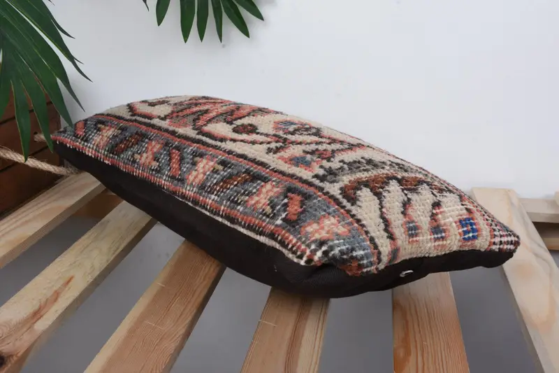 Bohemian Cushion Pillow, Turkish Kilim Pillow, Kilim Pillow, Vintage Kilim Pillow, Pillow Cover, 8x16 Beige Pillow, Turkish Bench Pillow Case - 6