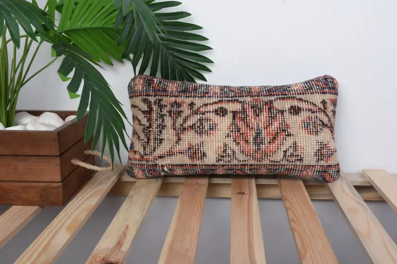 Bohemian Cushion Pillow, Turkish Kilim Pillow, Kilim Pillow, Vintage Kilim Pillow, Pillow Cover, 8x16 Beige Pillow, Turkish Bench Pillow Case - 1