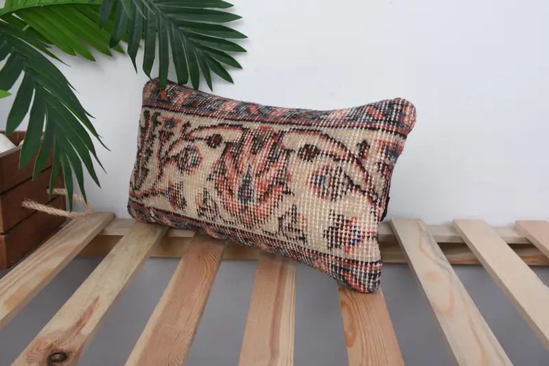 Bohemian Cushion Pillow, Turkish Kilim Pillow, Kilim Pillow, Vintage Kilim Pillow, Pillow Cover, 8x16 Beige Pillow, Turkish Bench Pillow Case - 5