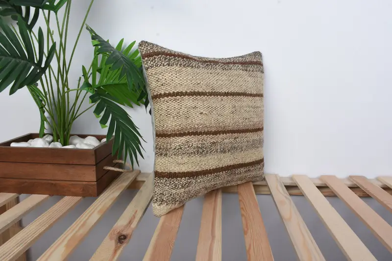 Boho Pillow, Designer Throw Cushion Cover, 16x16 Beige Cushion Cover, Handmade Kilim Cushion, Kilim Cushion Sham, Pillow Case - 4