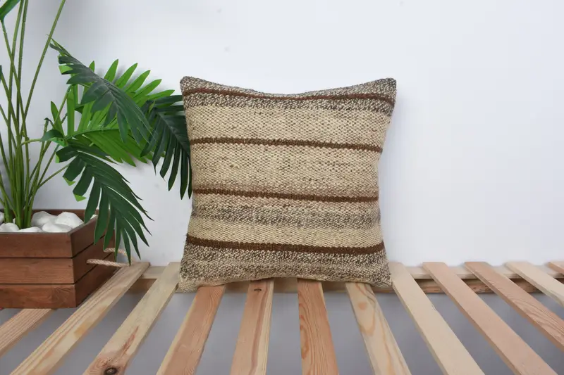 Boho Pillow, Designer Throw Cushion Cover, 16x16 Beige Cushion Cover, Handmade Kilim Cushion, Kilim Cushion Sham, Pillow Case - 1