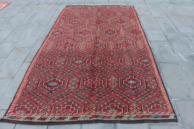 Turkish Vintage Kilim Large Rug 5.3x10 ft, Red Abstract Rug Wool - 1