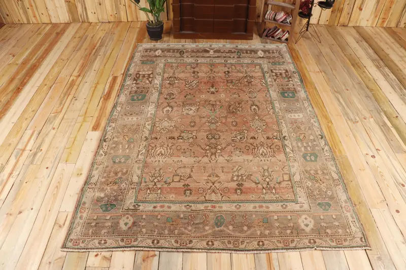 Vintage Teppich, 6,4x8,6 ft großer Teppich, braungrüner Oushak-Wollteppich - 1
