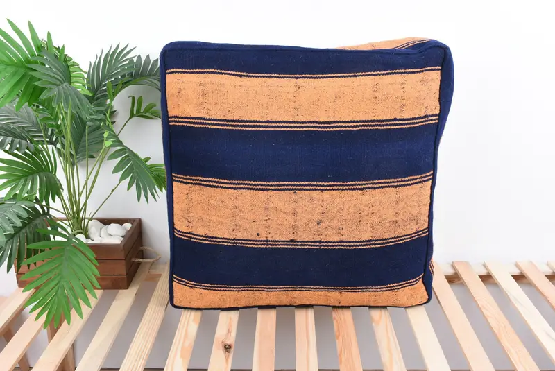 Blue & Yellow Kilim-Inspired Pouf, 24x24x6 Handmade Turkish Pouf