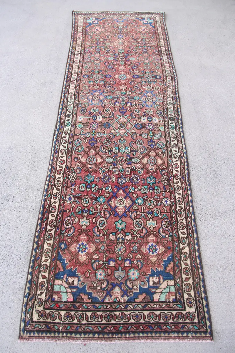 Red Abstract Rug, 2.9x8.9 ft Elegant Red-Brown Decor