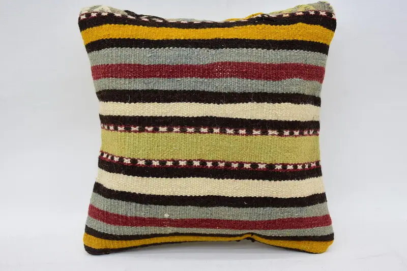 Turkish Moroccan Wool Cushion, 12x12 inch WovenBlue Striped Pillowcase - 1