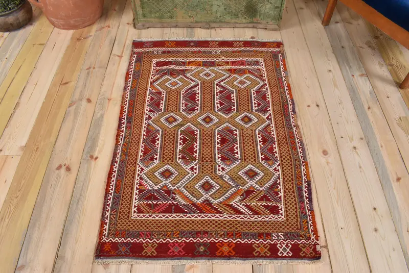 Kırmızı Güneybatı Halısı, Yeşil Desenli 2,7x4,2 ft