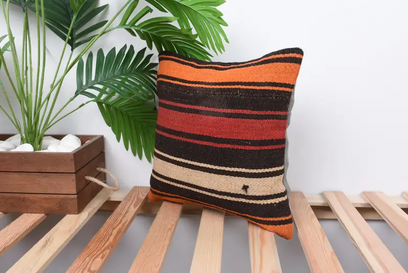 Kilim Cushion Sham, Ethnical Kilim Rug Pillow, 14x14 Brown Pillow, Turkish Corner Cushion Cover, Pillow Case, Interior Designer Pillow - 5