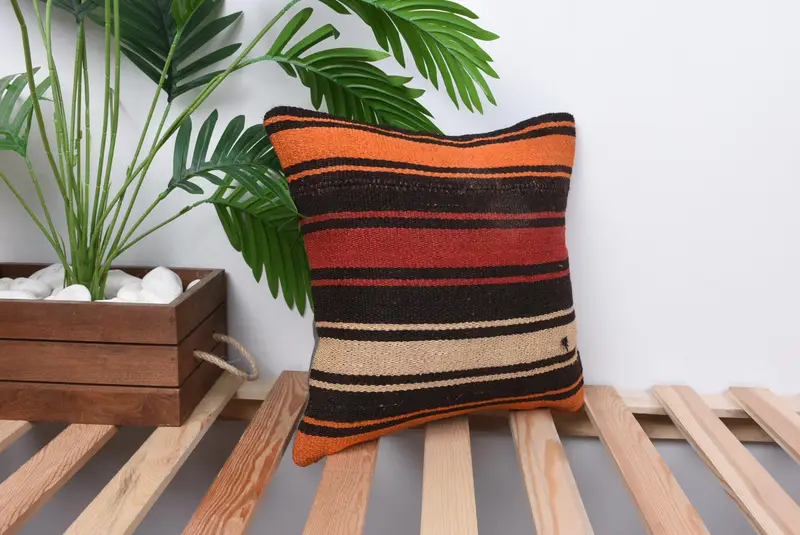 Kilim Cushion Sham, Ethnical Kilim Rug Pillow, 14x14 Brown Pillow, Turkish Corner Cushion Cover, Pillow Case, Interior Designer Pillow - 4