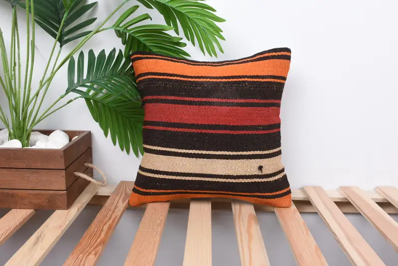 Kilim Cushion Sham, Ethnical Kilim Rug Pillow, 14x14 Brown Pillow, Turkish Corner Cushion Cover, Pillow Case, Interior Designer Pillow - 1
