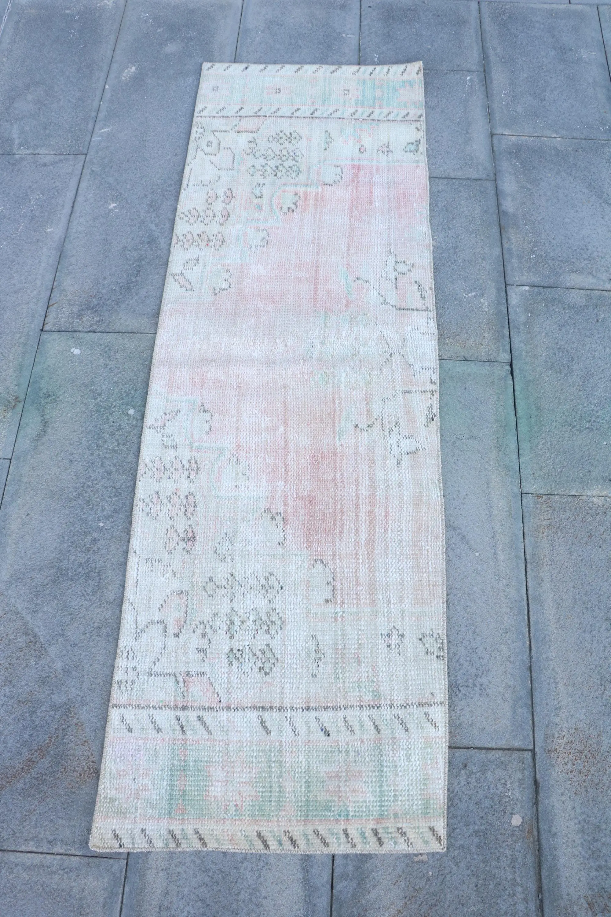 Turkish Vintage Rug 1.7x5.5 ft (52x167 cm), White Camouflage Rug - 1