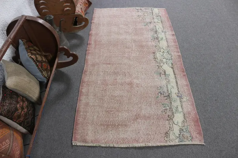 2.9x5.3 ft Oushak Halı, Türk Vintage Halı, Pembe Beyaz Çizgili Halı - 1