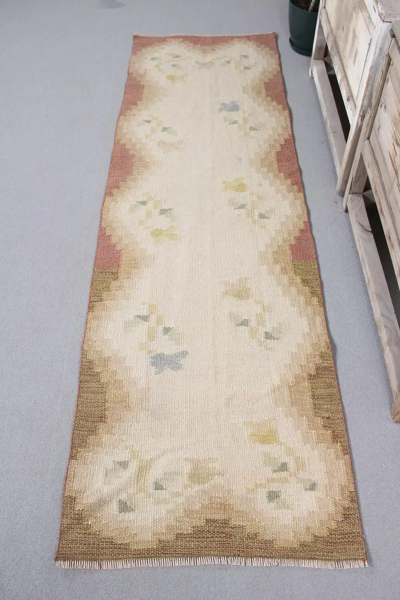 Beige & Green Patchwork Rug, 2,3x7,4 ft Chic Decor