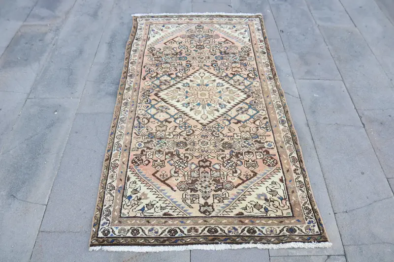 Vintage 3x5.5 ft Rug, Accent Turkish Rug, Brown Blue Moroccan Rug - 1