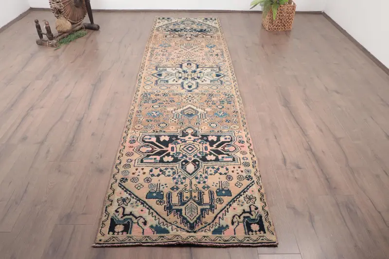 Turkish Vintage Rug 2.8x10.9 ft (84x333 cm), Oushak Blue Solid Rug - 1