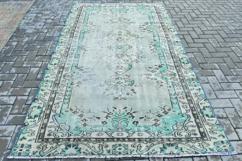 Türk Vintage Halı 5.2x8.9 ft, Mavi Oushak Çizgili Halı - 1