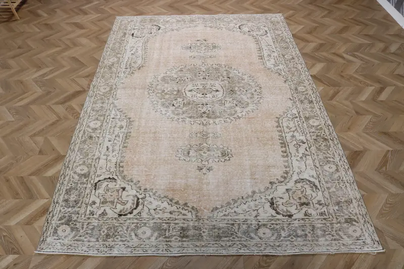 Oushak Turkish Rug, 6.6x9.6 ft Vintage Rug, Gray Patchwork Wool Rug - 1