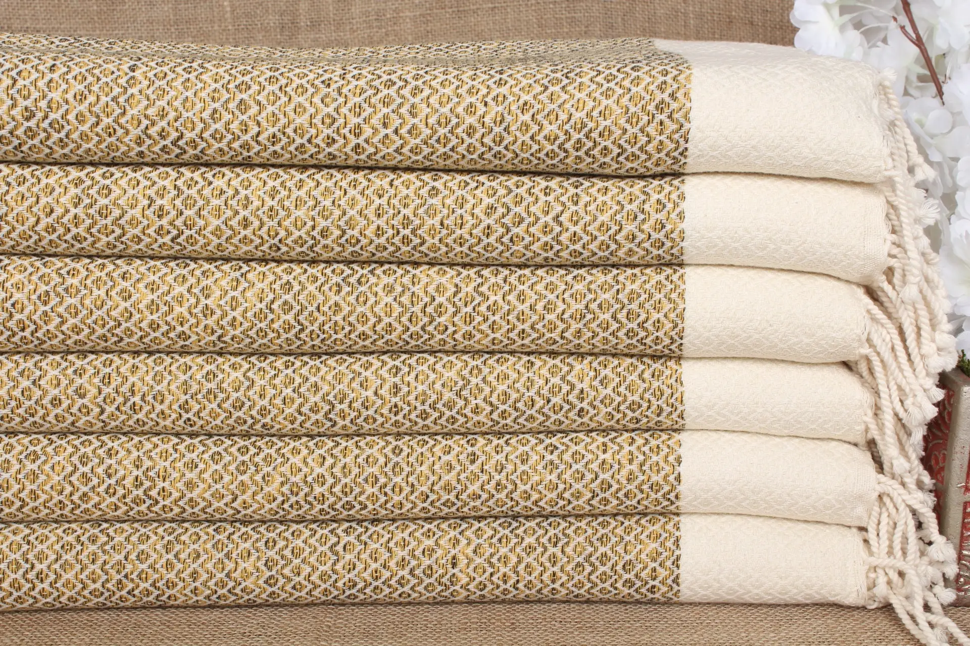 Personalized Mustard Diamond Towel, Organic Cotton, 36x75 Inches - 1