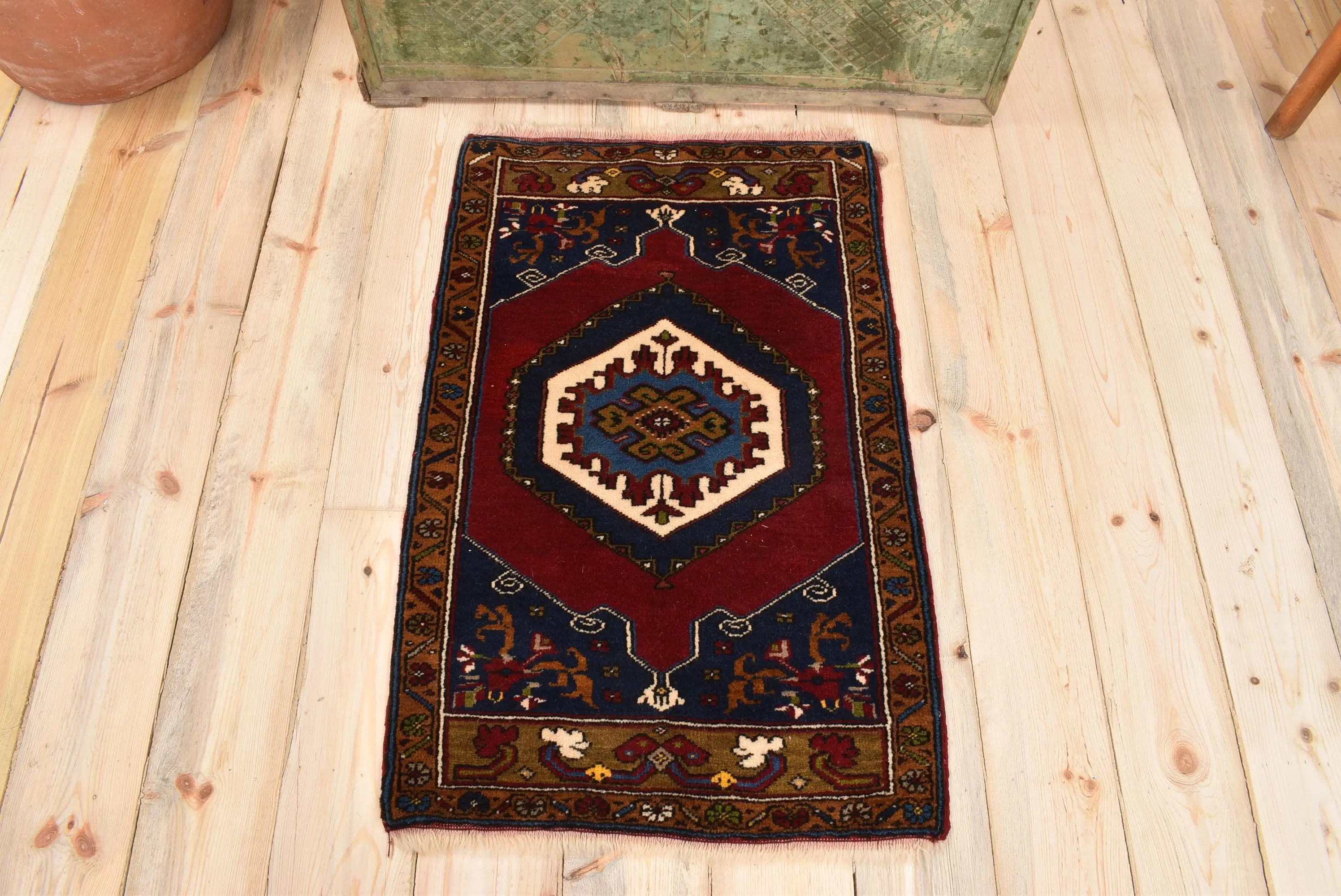1.9x3 ft Vintage Turkish Rug, Small Rug, Red Blue Polka dot Wool Rug - 1