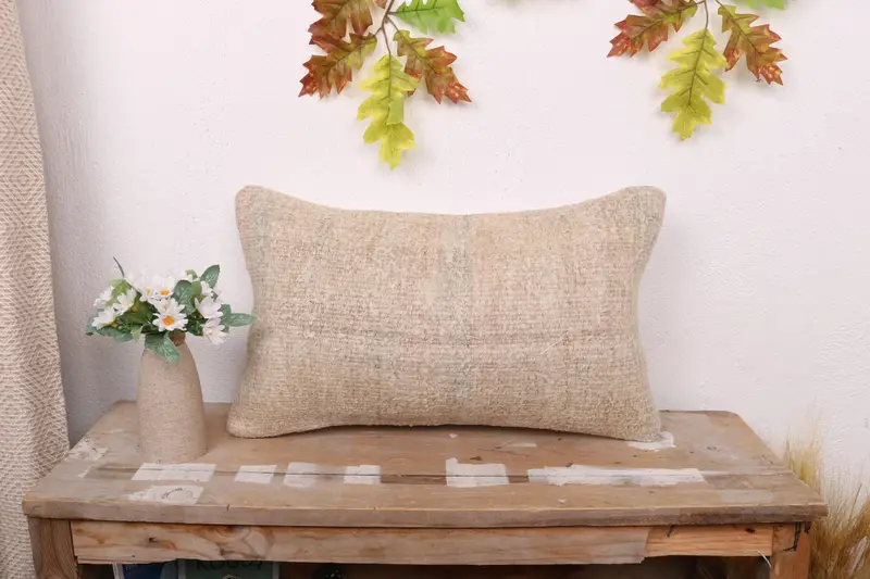 Cushion, Kilim Cushion Sham, Seat Pillow Case, Retro Throw Pillow, Pattern Throw Pillow, Gift Pillow, Vintage Pillow, 12x20 Beige Pillow Cover - 1