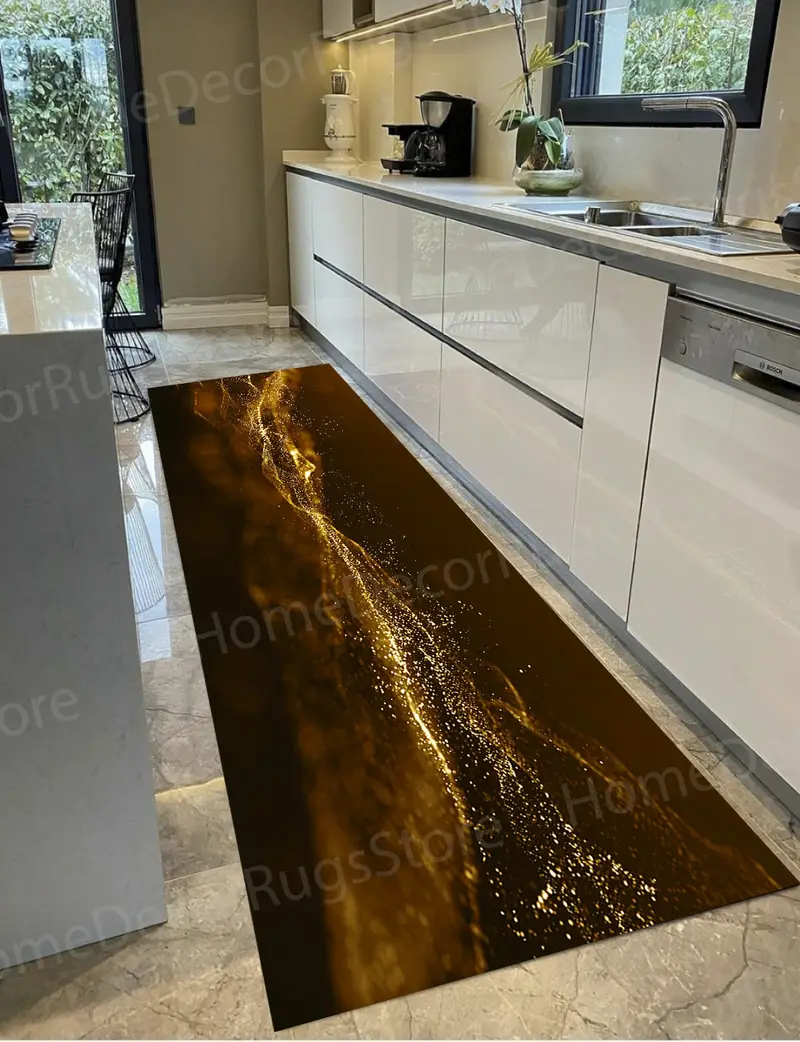 Modern Luxury Gold & Black Shimmery Printed Rug - Trendy Design