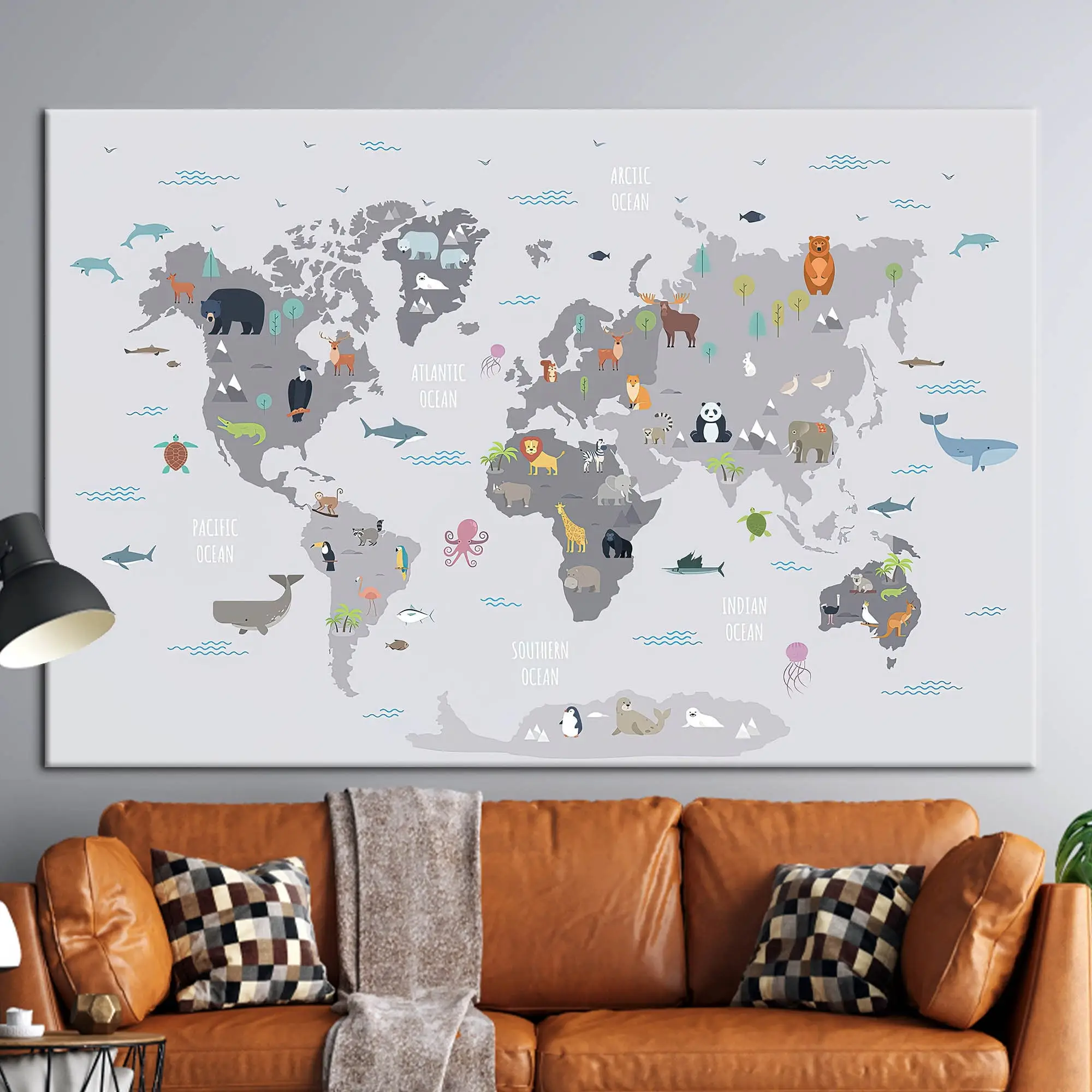 Elegant Printed Canvas: Kids World Map with Animals - 1